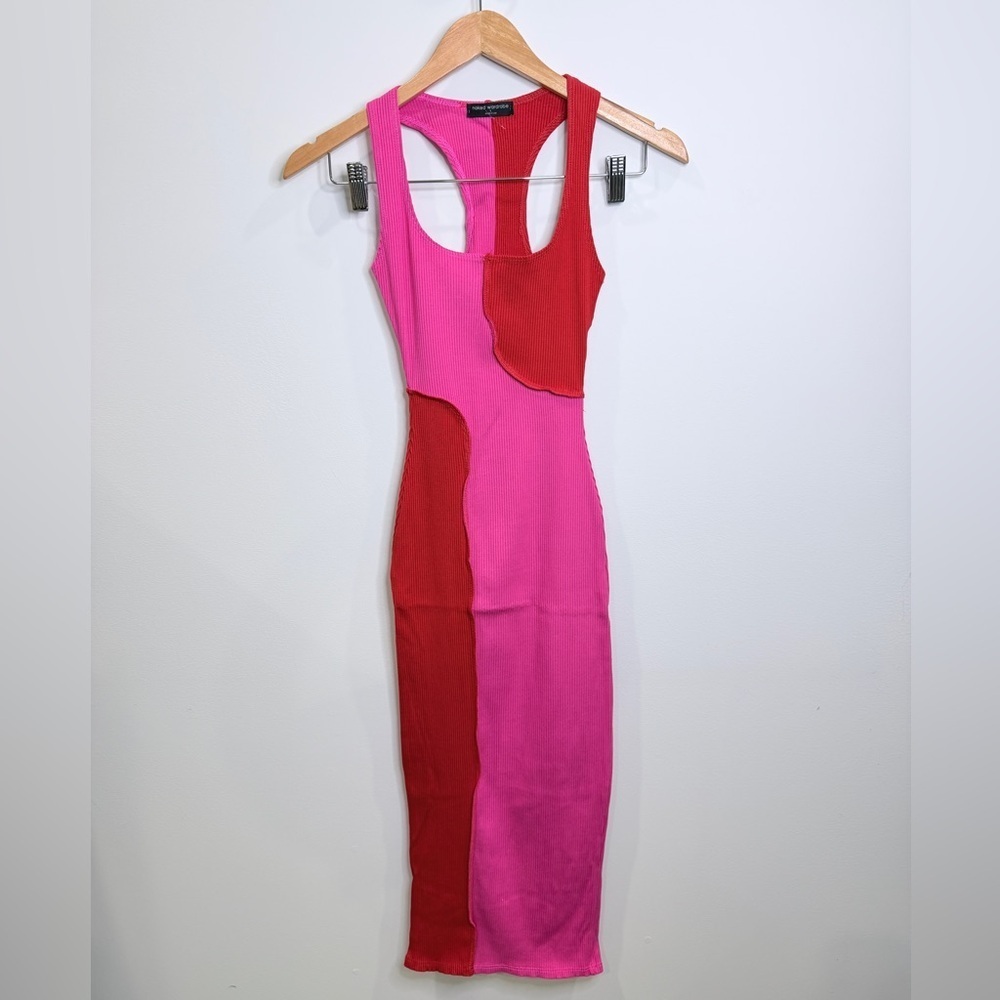 Naked Wardrobe Rib Pink & Red Colorblock Racerback Midi Dress - Picture 2 of 7